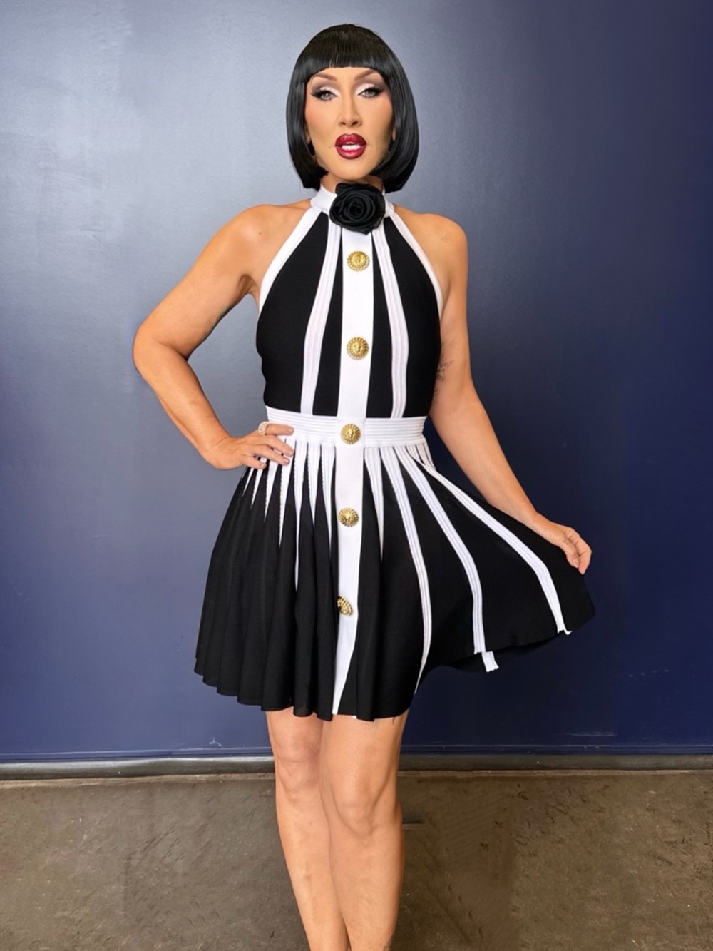 BALMAIN halter striped dress with flower. 🚨 WORN ON DRAG RACE 🚨